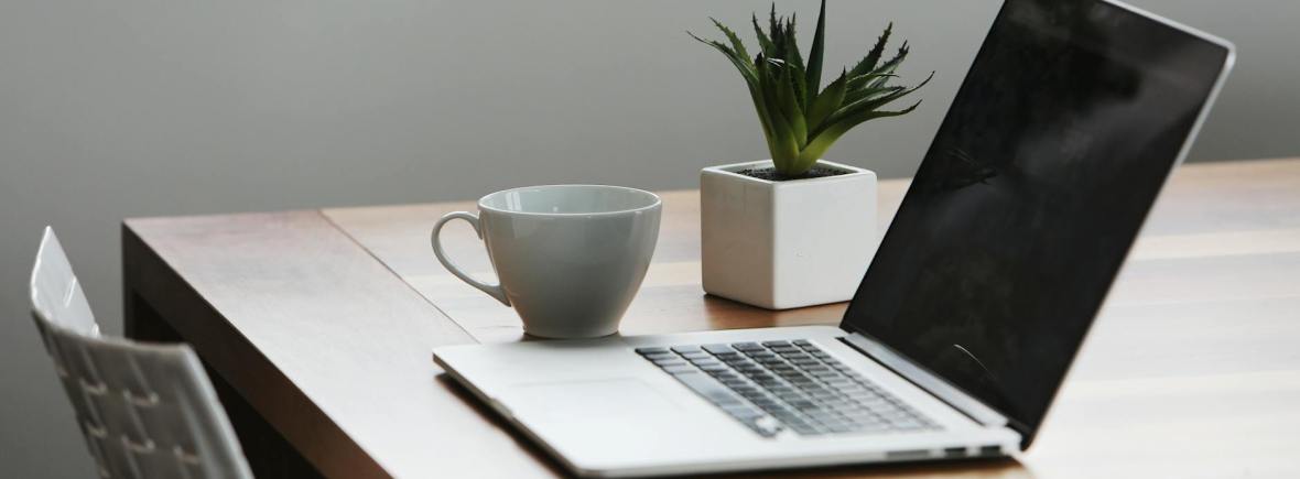 Dr. Tekin Köse - Akademik Mentor ve Ekonomist, Brighton Üniversitesi Evden çalışma (remote work) için düzenlenmiş modern ofis masası, üzerinde MacBook Pro, kahve fincanı ve dekoratif sukulent bitkisi.