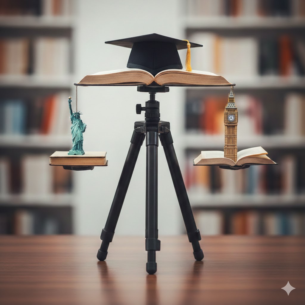 Bir sacayağı üzerinde dengelenmiş kitaplar, Özgürlük Anıtı ve Big Ben minyatürleri ile üzerinde mezuniyet şapkası bulunan yurt dışı eğitim tercihi illüstrasyonu.