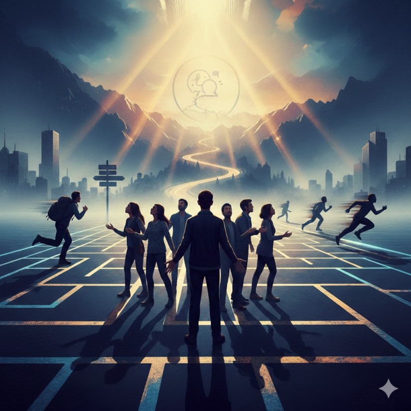 Yer seviyesindeki ışıklı bir labirentten çıkıp sisli dağlara ve parlak bir gökyüzüne doğru ilerleyen koşan figürler.