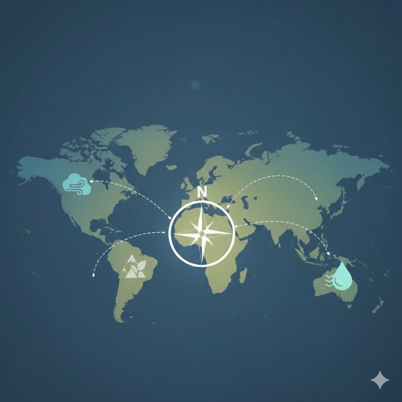 Minimalist bir dünya haritası üzerinde merkezi bir pusula ve farklı kıtalara dağılmış hava, toprak ve su elementlerini simgeleyen ikonlar.