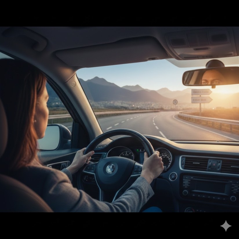 Güneşli bir günde virajlı bir yolda ilerleyen kadın sürücünün araç içi perspektifi; dikiz aynasında yansıyan gözleri ve ufuktaki dağ manzarası.