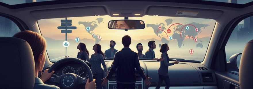 Bir arabanın içinden görünen, ön camda dünya haritası ve seyahat rotaları ile fütüristik bir manzaraya doğru ilerleyen insan figürleri illüstrasyonu.