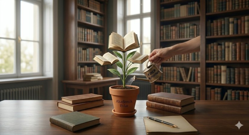 Saksıda kitap yaprakları olan bir bitkiyi FINER Kriterleri yazılı ibrikle sulayan araştırmacı.