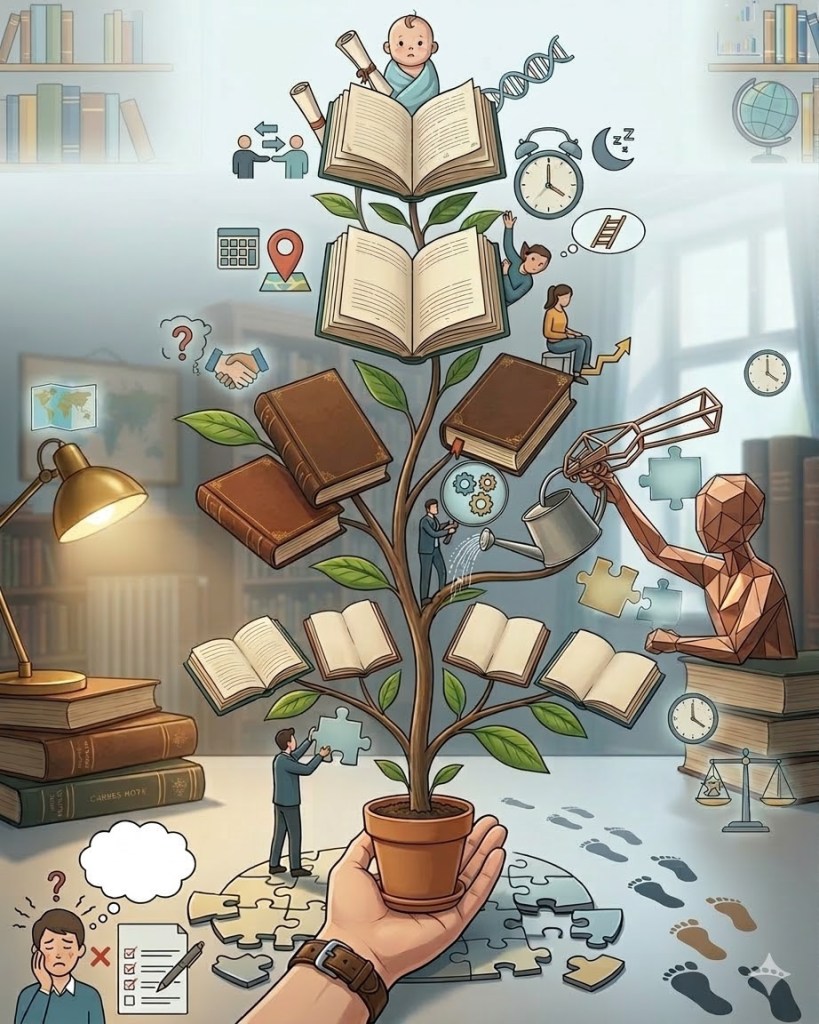 Kökten zirveye akademik gelişimi simgeleyen; saksıda büyüyen kitap ağacı ve farklı akademik aşamaları temsil eden figürler.