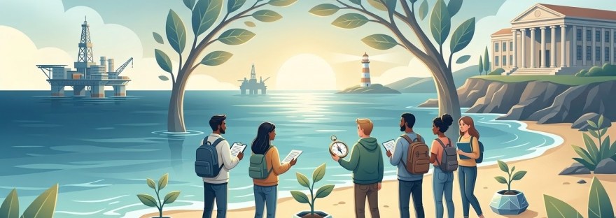 Akademik okyanusun kıyısında saksıda büyüyen tez konusu seedlingslerine bakan lisans öğrencileri illüstrasyonu.