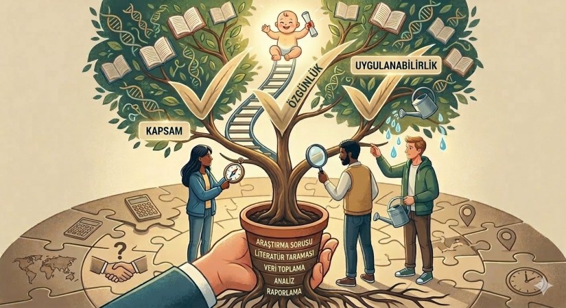 Lisans tezi konusu belirlemede Kapsam, Özgünlük ve Uygulanabilirlik kurallarını simgeleyen bilgi ağacı illüstrasyonu.