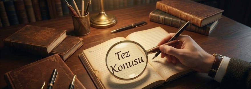 Çalışma masasında büyüteç altında "Tez Konusu" yazısı ve akademik kitaplar.