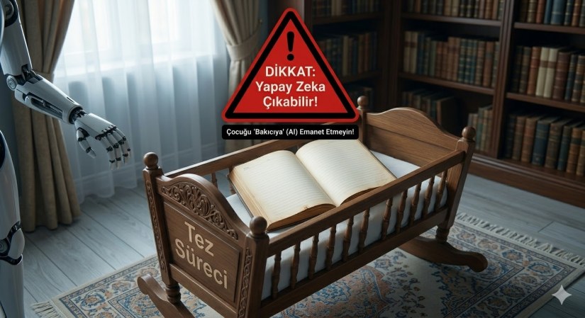 Üzerinde Tez Süreci yazan beşiği sallayan robot eli ve Yapay Zeka Çıkabilir uyarı tabelası.