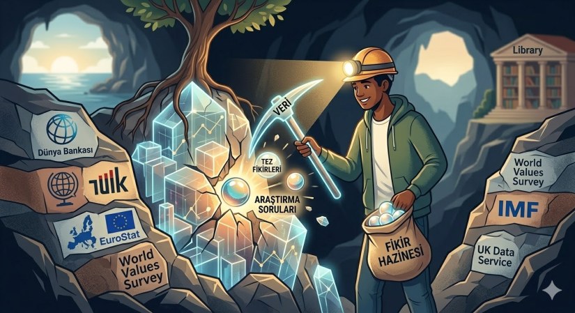 Veri setlerinden araştırma sorusu ve tez fikri çıkaran bir öğrenciyi temsil eden veri madeni illüstrasyonu.